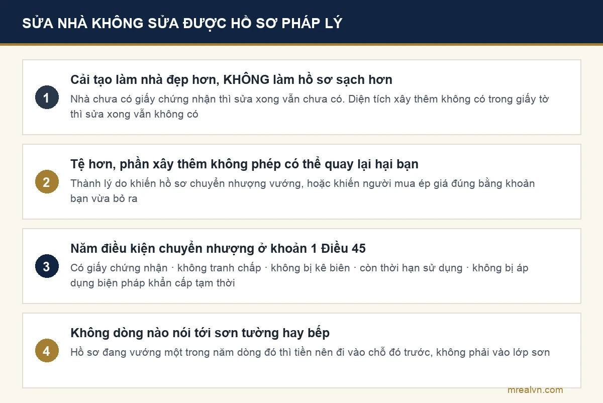 Sơ đồ giải thích sửa nhà không tạo ra pháp lý mới cho căn nhà