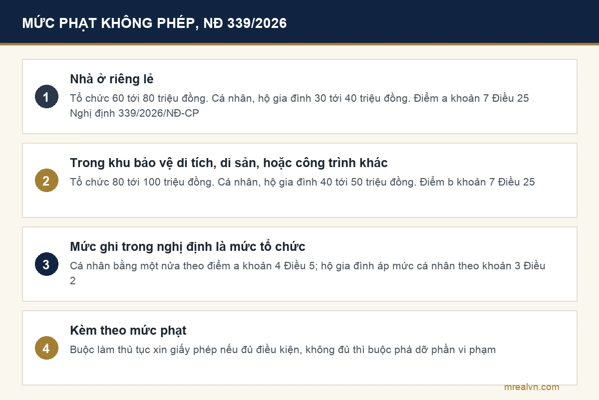 Bảng mức phạt xây nhà ở riêng lẻ không có giấy phép theo khoản 7 Điều 25 Nghị định 339/2026: tổ chức 60 tới 80 triệu đồng, cá nhân và hộ gia đình 30 tới 40 triệu đồng