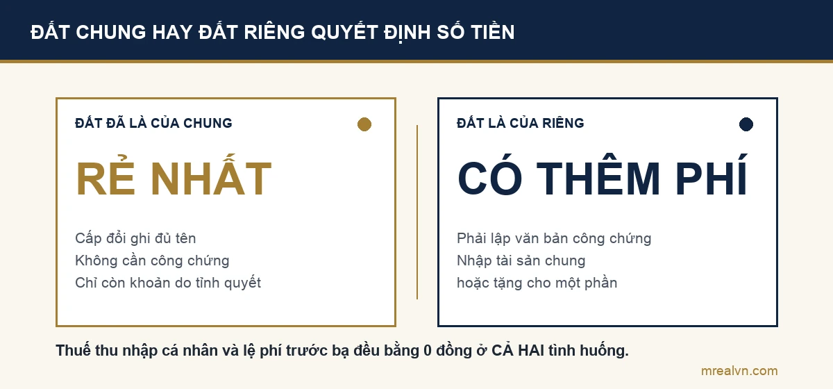 Sơ đồ so sánh hai tình huống khi thêm tên vợ vào sổ đỏ: đất đã là tài sản chung thì chỉ làm thủ tục cấp đổi giấy chứng nhận và không mất phí công chứng, còn đất là tài sản riêng thì phải lập văn bản công chứng nên có thêm phí công chứng