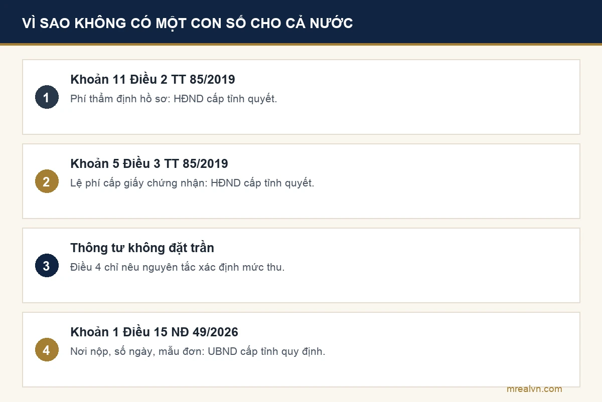 Ba lý do khiến không tồn tại một mức lệ phí chung cho cả nước khi thêm tên vợ vào sổ đỏ: thông tư 85 năm 2019 giao cho hội đồng nhân dân cấp tỉnh quyết định và không đặt mức trần, còn nghị định 49 năm 2026 giao trình tự thủ tục cho ủy ban nhân dân cấp tỉnh
