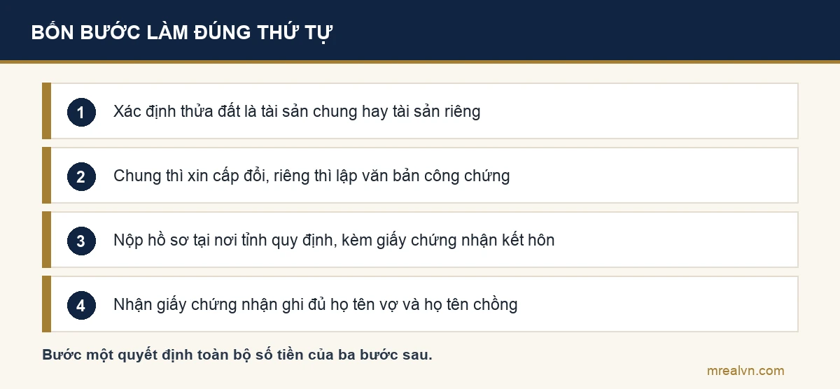 Bốn bước thêm tên vợ vào sổ đỏ: xác định đất là tài sản chung hay riêng, chọn đường cấp đổi hoặc lập văn bản công chứng, nộp hồ sơ đăng ký biến động tại nơi tỉnh quy định, và nhận giấy chứng nhận ghi đủ tên hai vợ chồng