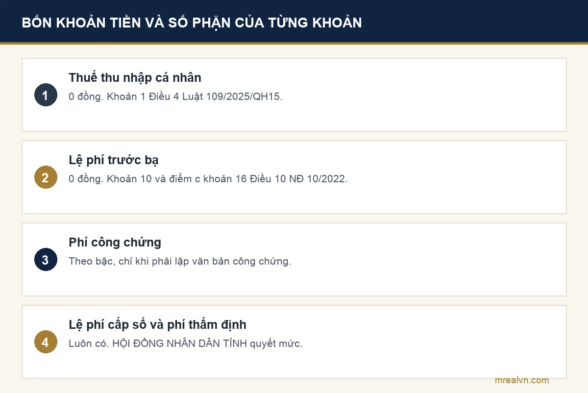Bốn khoản tiền khi thêm tên vợ vào sổ đỏ: thuế thu nhập cá nhân bằng không đồng, lệ phí trước bạ bằng không đồng, phí công chứng tính theo bậc và chỉ phát sinh khi phải lập văn bản, lệ phí cấp giấy chứng nhận cùng phí thẩm định hồ sơ do hội đồng nhân dân cấp tỉnh quyết định