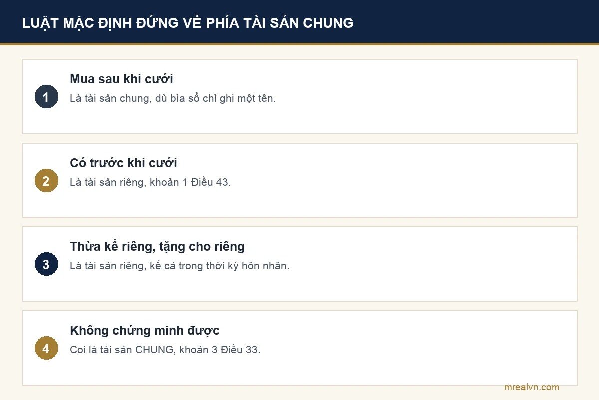 Bốn dòng tóm tắt cách xác định thửa đất là tài sản chung hay tài sản riêng của vợ chồng theo Điều 33 và Điều 43 Luật Hôn nhân và gia đình
