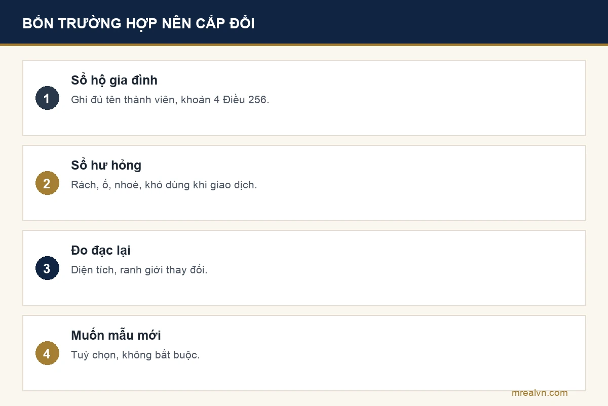 Bốn trường hợp nên cấp đổi sổ đỏ: sổ cấp cho hộ gia đình, sổ hư hỏng, đo đạc lại, muốn đổi sang mẫu mới