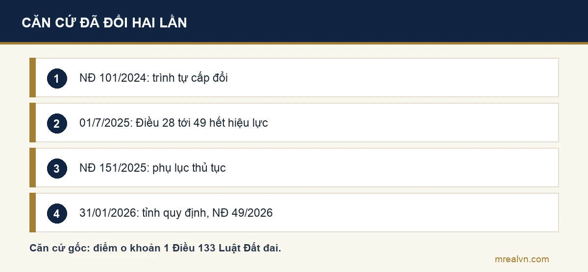 Dòng thời gian căn cứ thủ tục cấp đổi sổ đỏ: Nghị định 101/2024, Điều 28 tới 49 hết hiệu lực 01/7/2025, phụ lục Nghị định 151/2025, từ 31/01/2026 tỉnh quy định theo Nghị định 49/2026