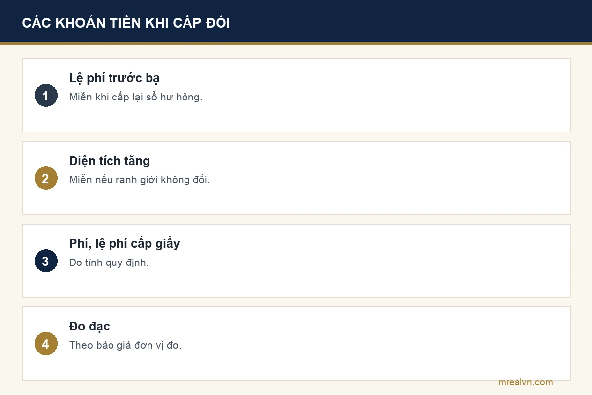Các khoản tiền khi cấp đổi sổ đỏ: lệ phí trước bạ được miễn khi cấp lại sổ hư hỏng, phí thẩm định và lệ phí cấp giấy do tỉnh quy định, phí đo đạc nếu phải đo lại