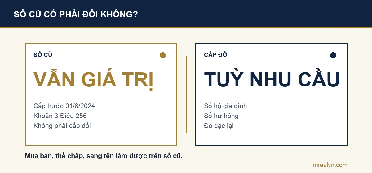 So sánh: sổ đỏ cấp trước 01/8/2024 vẫn có giá trị và không phải cấp đổi theo khoản 3 Điều 256 Luật Đất đai, chỉ đổi khi có nhu cầu