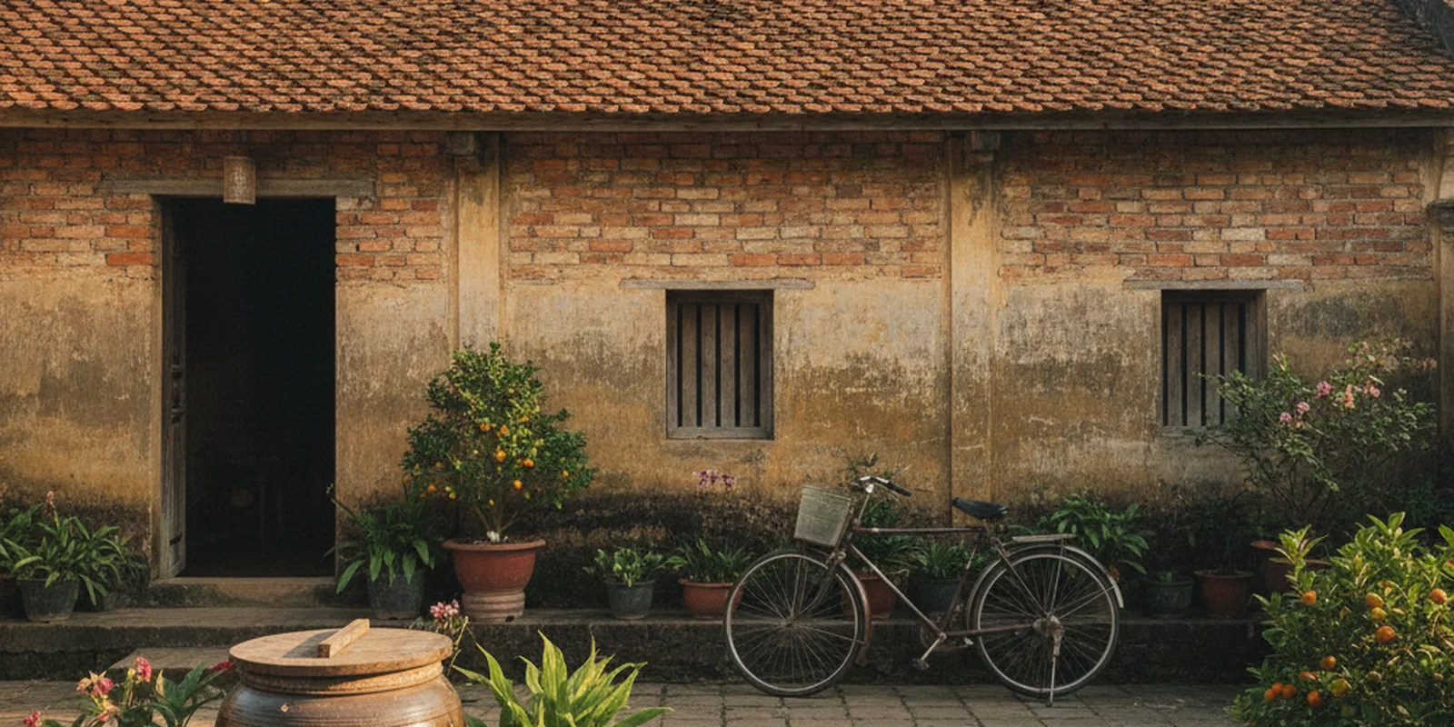 Ảnh ngôi nhà mái ngói của một gia đình nhiều thế hệ ở nông thôn Việt Nam, loại nhà hay có sổ cấp cho đại diện hộ gia đình