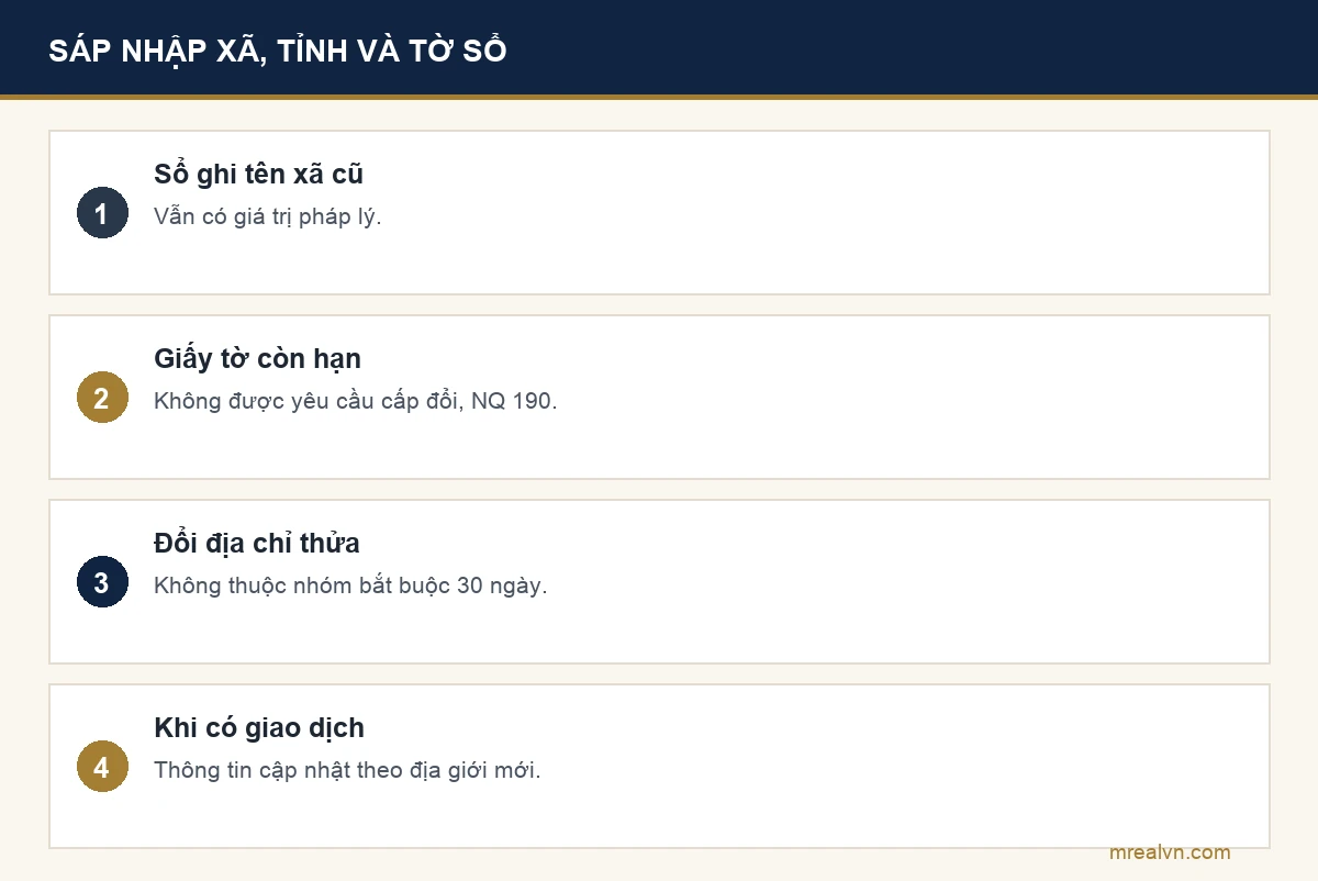Sau sáp nhập đơn vị hành chính, sổ đỏ ghi tên xã cũ vẫn có giá trị, không bắt buộc cấp đổi, địa chỉ thửa đất được cập nhật khi có giao dịch