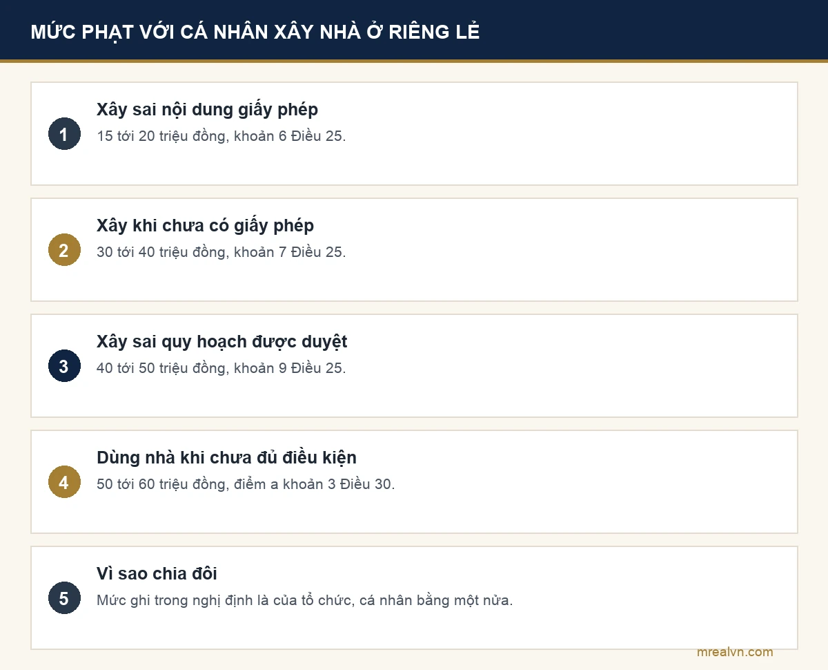 Bảng mức phạt với cá nhân xây nhà ở riêng lẻ theo Nghị định 339 năm 2026: xây sai phép 15 tới 20 triệu đồng, xây không phép 30 tới 40 triệu đồng, xây sai quy hoạch 40 tới 50 triệu đồng, đưa nhà vào sử dụng khi chưa đủ điều kiện 50 tới 60 triệu đồng