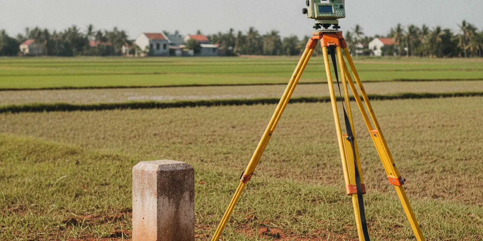Ảnh máy toàn đạc dựng trên chân ba càng cạnh cọc mốc giới ở góc một thửa đất, dùng khi đo đạc diện tích trước khi cấp sổ đỏ lần đầu