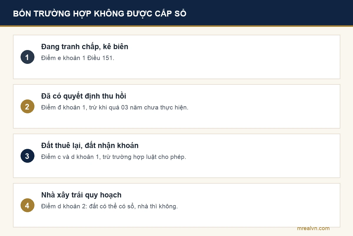Bốn trường hợp không được cấp giấy chứng nhận quyền sử dụng đất theo Điều 151 Luật Đất đai: đất đang tranh chấp hoặc kê biên, đất đã có quyết định thu hồi, đất thuê lại hoặc nhận khoán, nhà xây không phù hợp quy hoạch