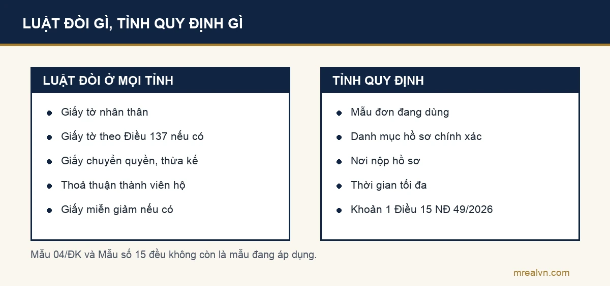 Hai cột so sánh nhóm giấy tờ làm sổ đỏ lần đầu mà Luật Đất đai đòi ở mọi tỉnh với phần mẫu đơn, danh mục và thời hạn do ủy ban nhân dân cấp tỉnh quy định từ năm 2026