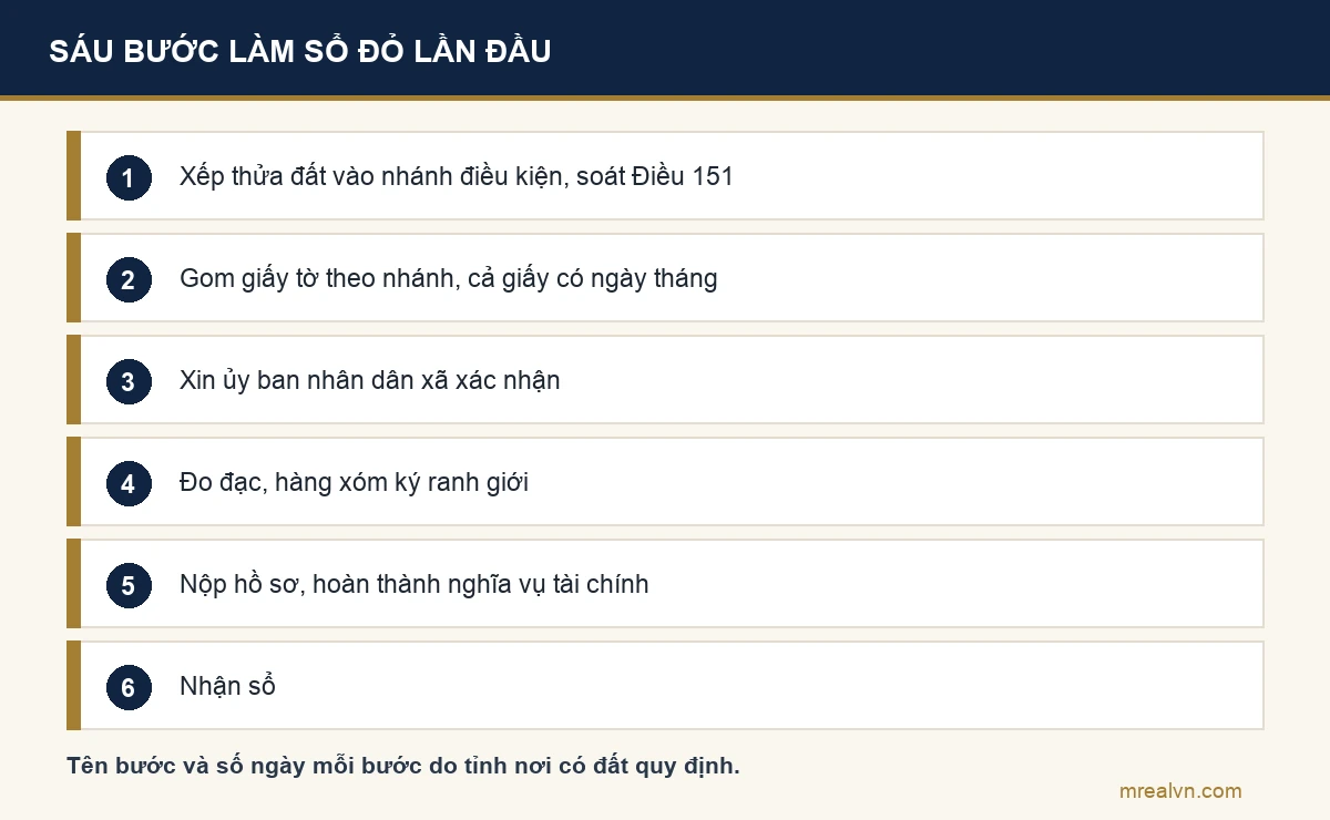 Sáu bước làm sổ đỏ lần đầu: xếp thửa đất vào nhánh điều kiện, gom giấy tờ, xin xác nhận ủy ban nhân dân xã, đo đạc, nộp hồ sơ và nghĩa vụ tài chính, nhận sổ