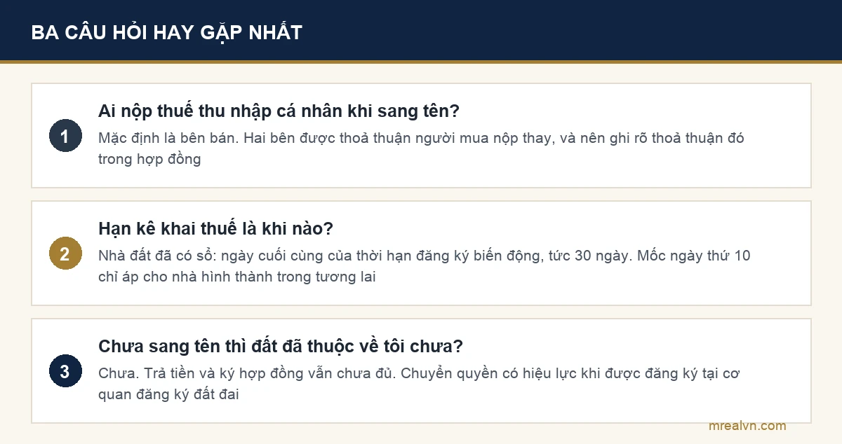 Sơ đồ ba câu hỏi hay gặp nhất về thủ tục sang tên sổ đỏ