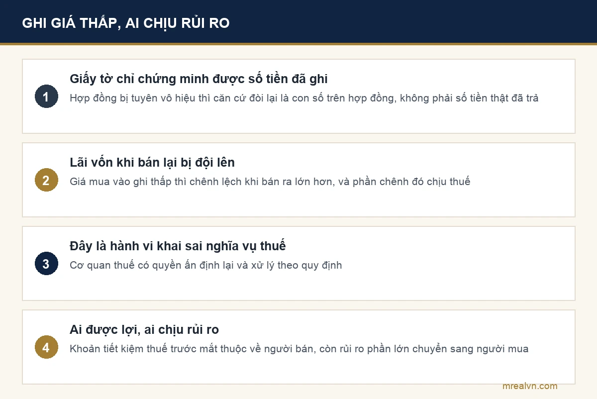 Sơ đồ ba rủi ro của người mua khi ghi giá thấp trên hợp đồng sang tên