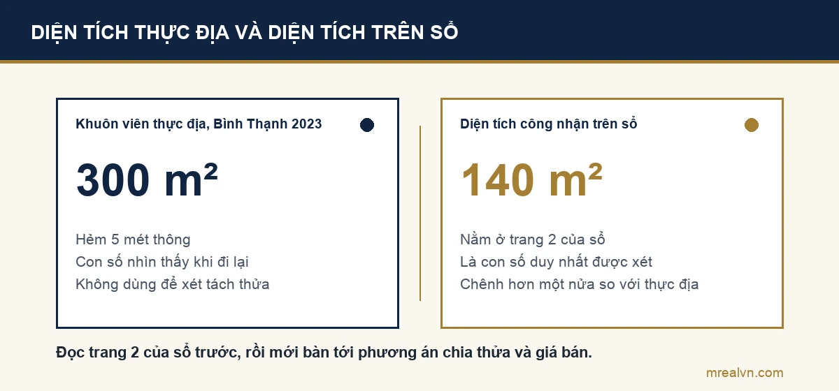 Bảng so sánh khuôn viên thực địa 300 mét vuông với diện tích được công nhận trên sổ 140 mét vuông