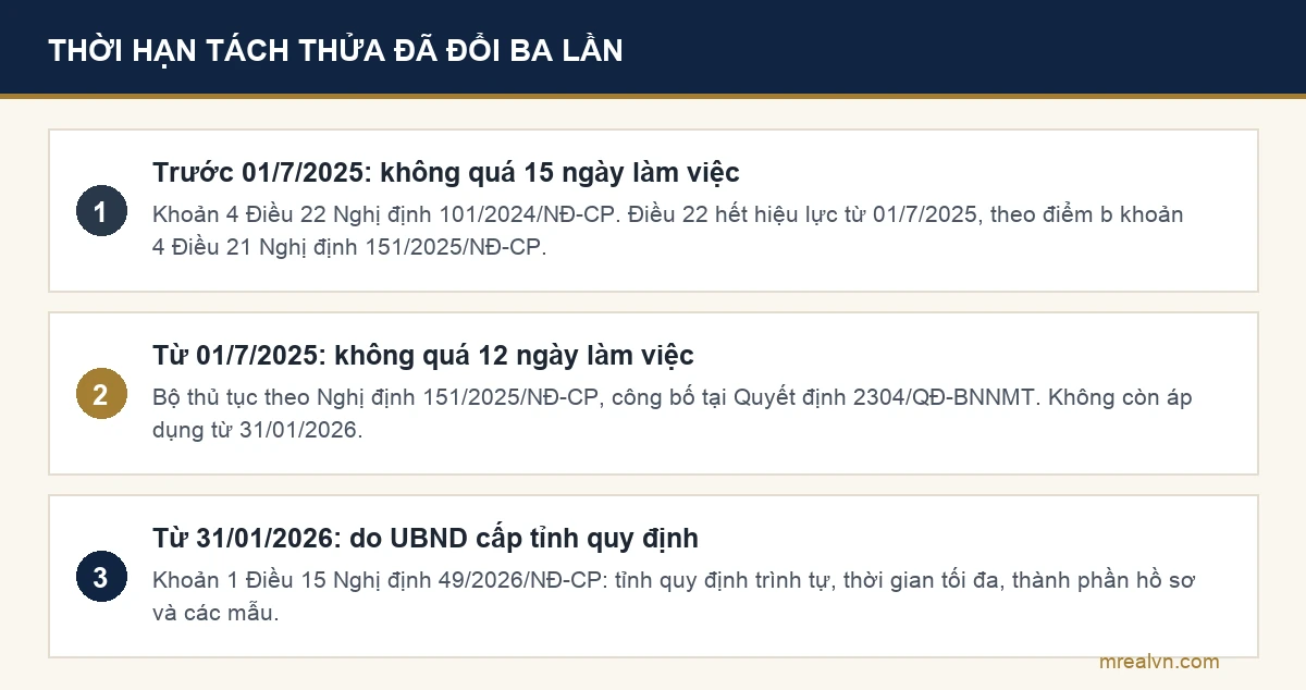 Sơ đồ ba mốc thời hạn tách thửa: 15 ngày theo Nghị định 101/2024, 12 ngày theo bộ thủ tục Nghị định 151/2025, từ 31/01/2026 do Uỷ ban nhân dân cấp tỉnh quy định