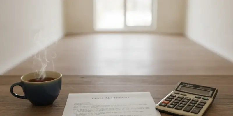 Hợp đồng cho thuê nhà, máy tính cầm tay và chìa khoá đặt trên bàn gỗ, minh hoạ việc tính nghĩa vụ thuế trước khi cho thuê