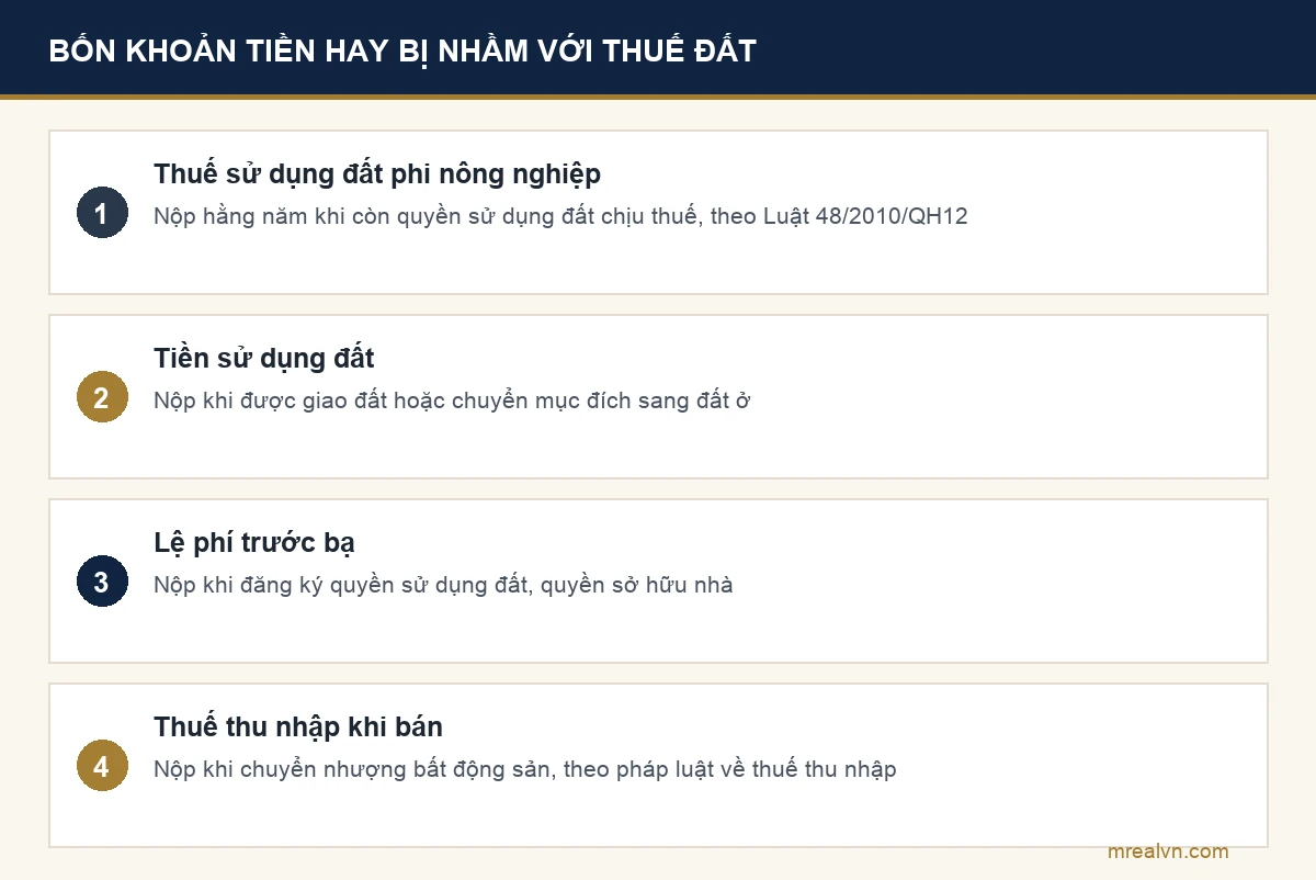 Phân biệt thuế sử dụng đất phi nông nghiệp với tiền sử dụng đất, lệ phí trước bạ và thuế thu nhập cá nhân khi bán