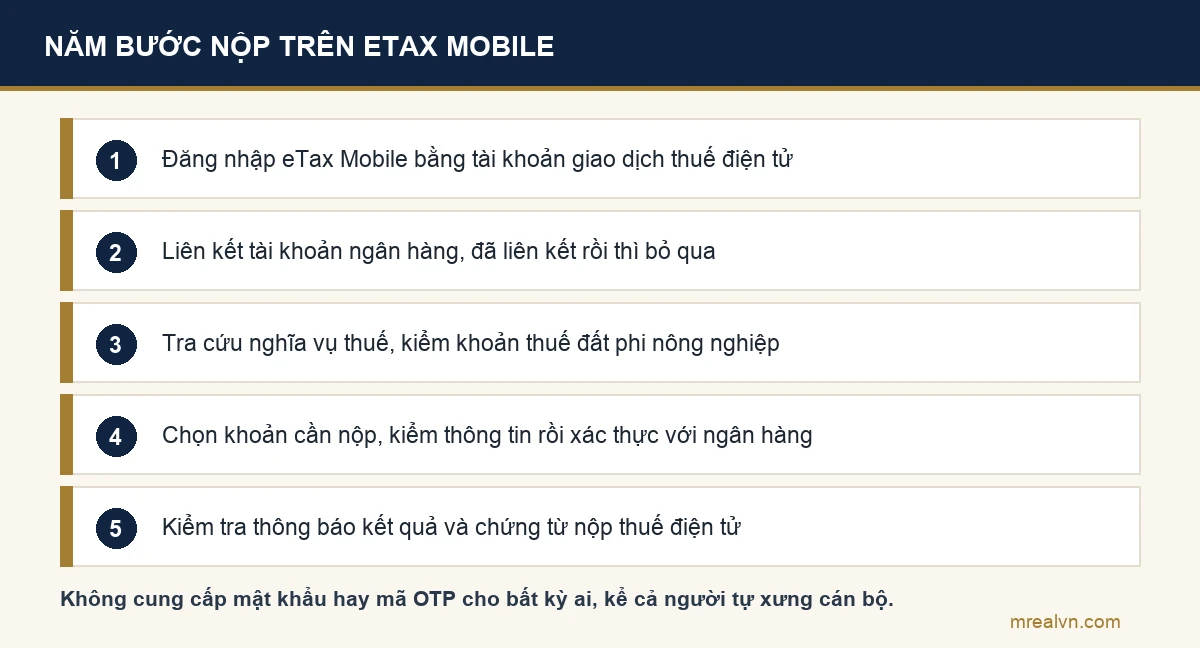 Sơ đồ năm bước nộp thuế sử dụng đất phi nông nghiệp trên ứng dụng eTax Mobile theo hướng dẫn của cơ quan thuế