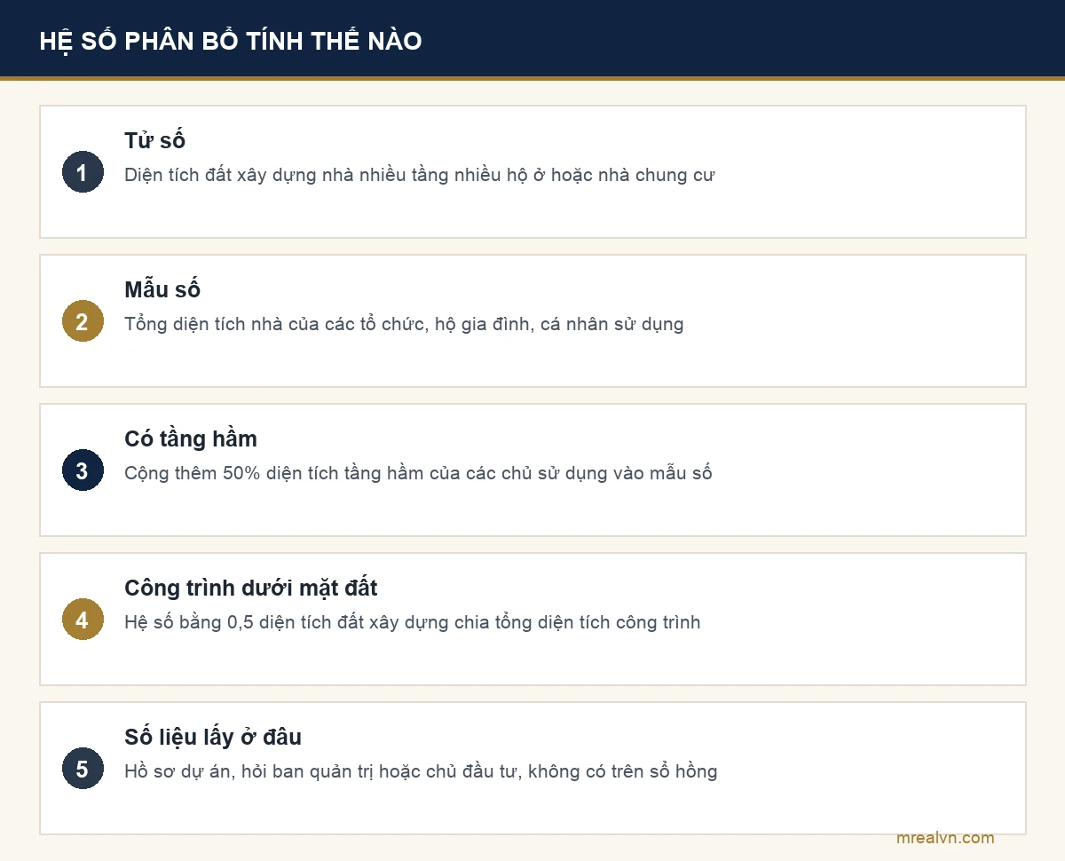 Sơ đồ cách tính hệ số phân bổ cho nhà chung cư và nhà nhiều tầng nhiều hộ theo điểm b khoản 2 Điều 6 Luật 48/2010, gồm tử số là diện tích đất xây dựng và mẫu số là tổng diện tích nhà