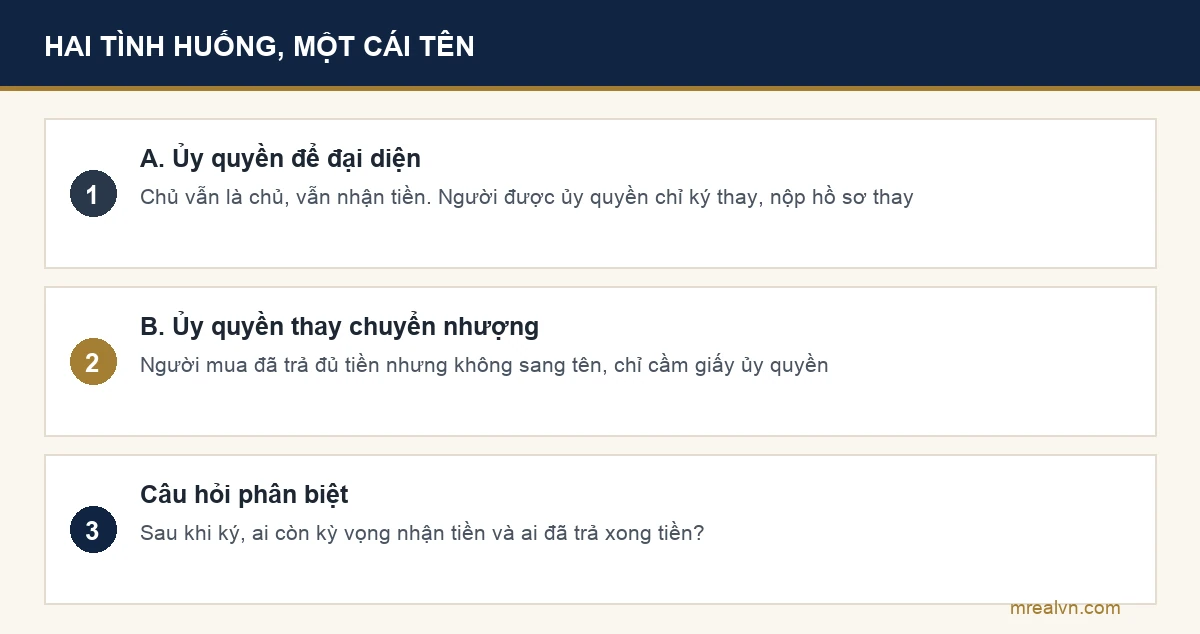 Sơ đồ hai tình huống dùng hợp đồng ủy quyền trong giao dịch nhà đất và điểm khác nhau giữa hai tình huống