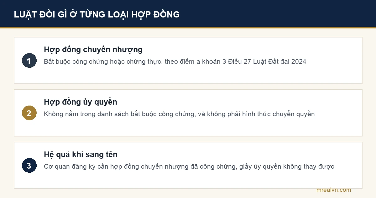 Sơ đồ so sánh yêu cầu của pháp luật với hợp đồng chuyển nhượng và với hợp đồng ủy quyền