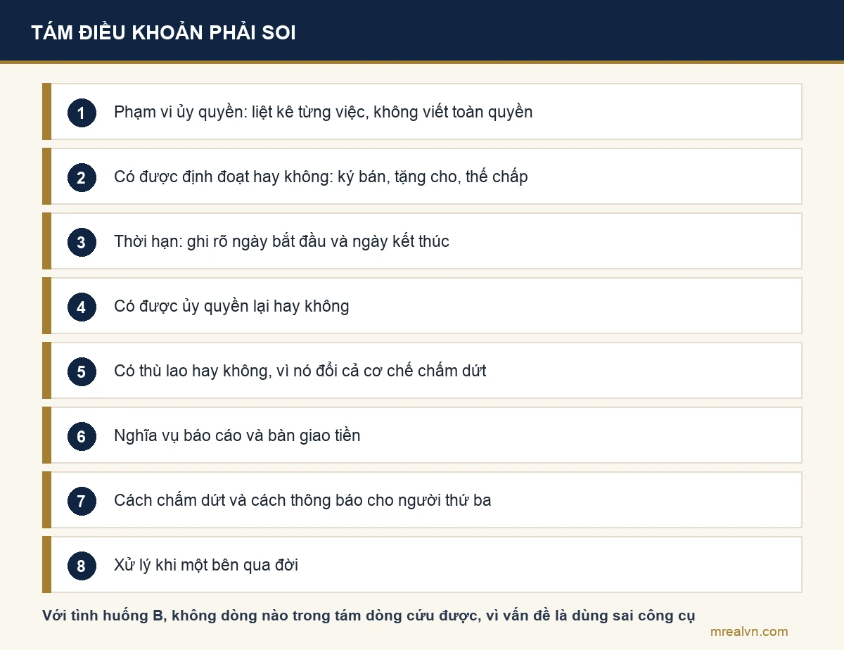 Sơ đồ tám điều khoản cần soi kỹ trong hợp đồng ủy quyền nhà đất trước khi ký