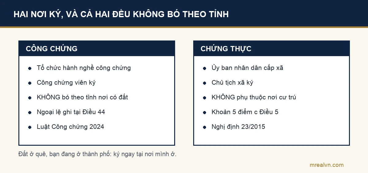 So sánh công chứng tại tổ chức hành nghề công chứng và chứng thực tại ủy ban nhân dân cấp xã cho văn bản từ chối nhận di sản, cả hai đều không bị giới hạn theo tỉnh nơi có bất động sản