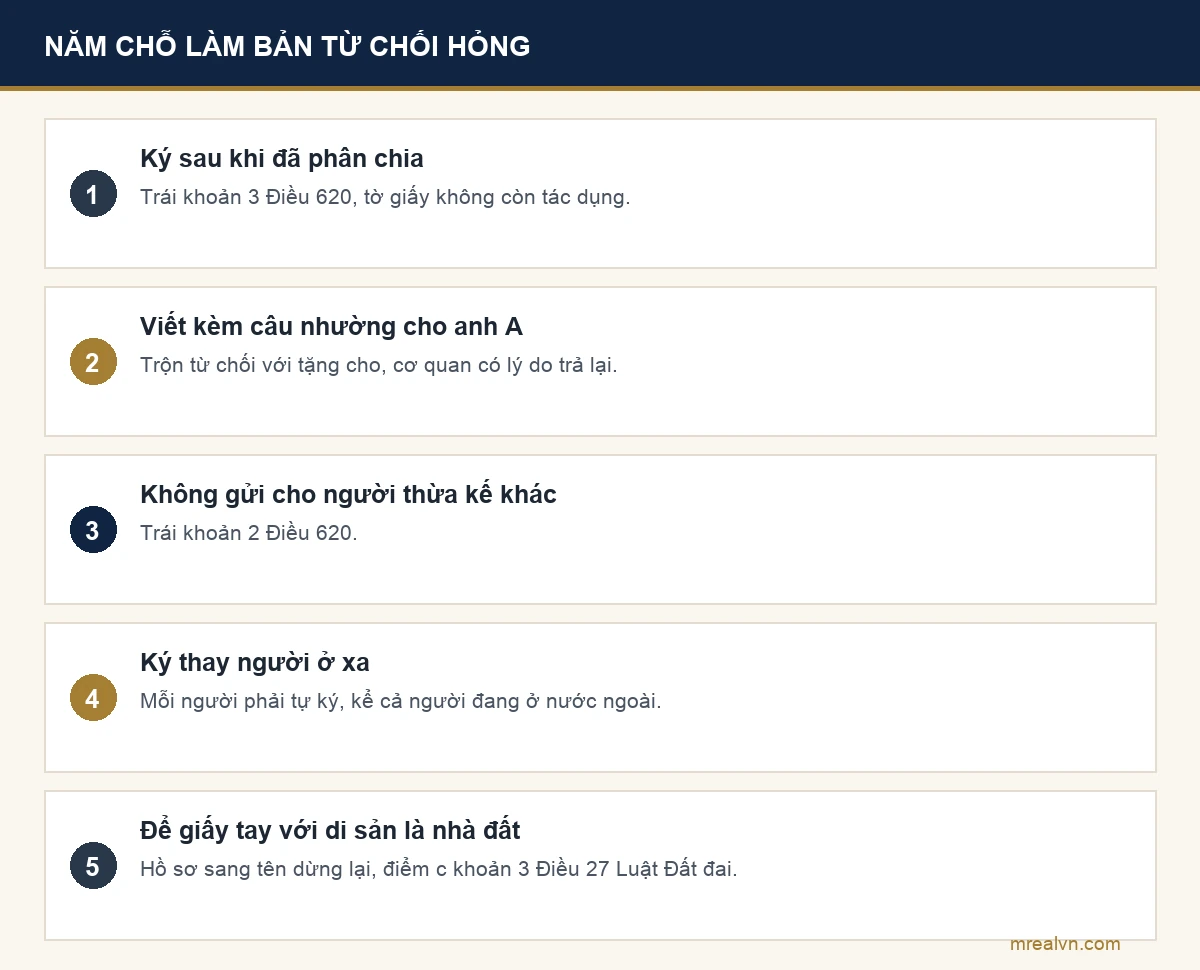 Năm lỗi làm văn bản từ chối nhận di sản mất giá trị: ký sau khi đã phân chia, viết kèm câu nhường cho một người, không gửi cho người thừa kế khác, ký thay người vắng mặt, và để giấy tay không công chứng với di sản là nhà đất
