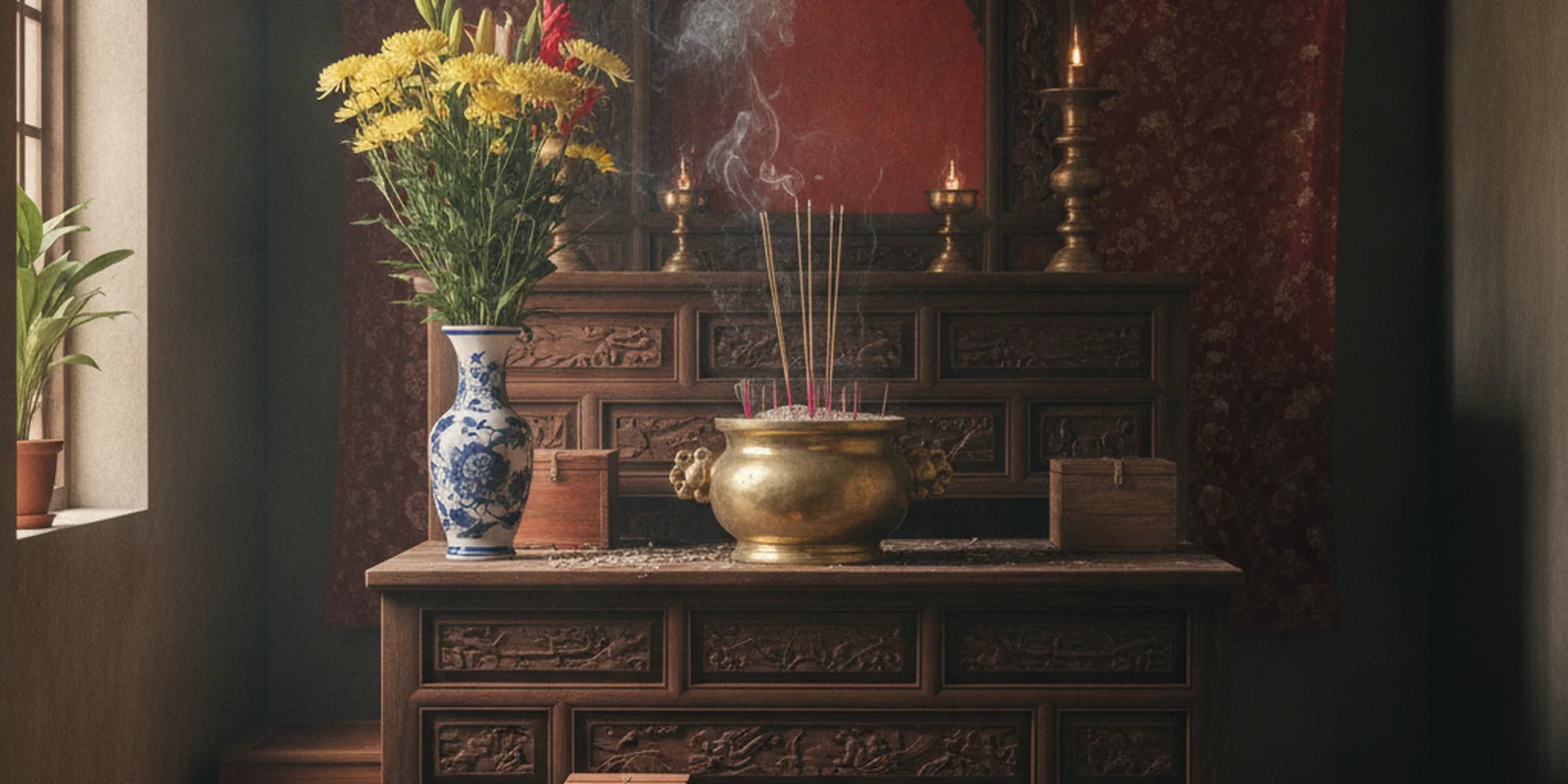Ảnh gian thờ trong một ngôi nhà Việt Nam, gợi bối cảnh gia đình bàn chuyện chia di sản của người đã mất