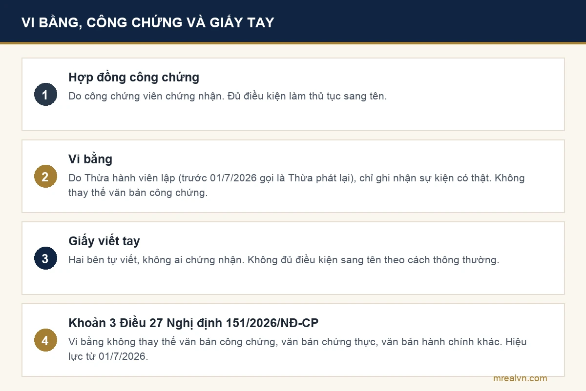 Sơ đồ so sánh hợp đồng công chứng, vi bằng và giấy viết tay theo Nghị định 151/2026