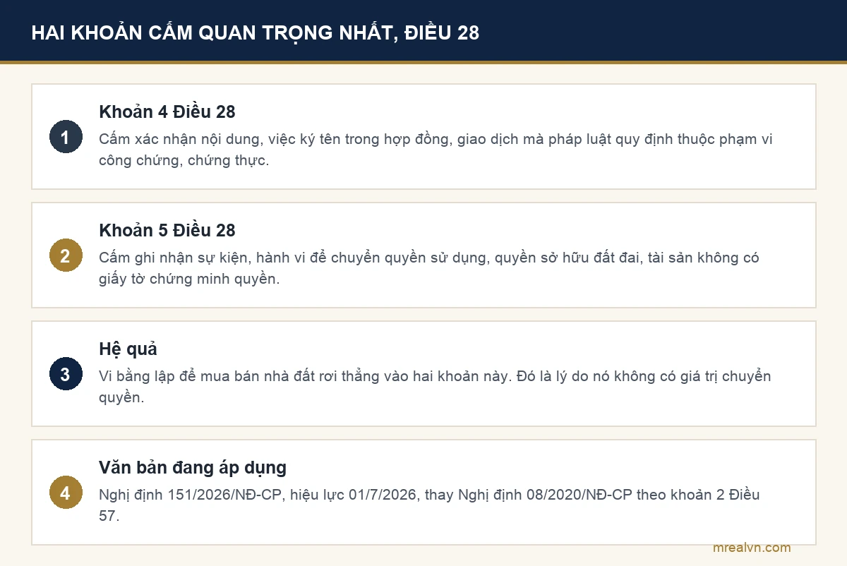 Sơ đồ hai khoản cấm tại Điều 28 Nghị định 151/2026 về lập vi bằng