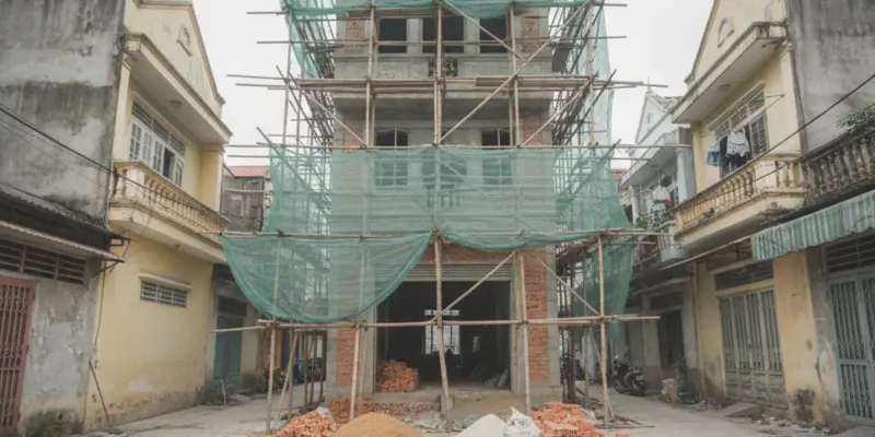 Một căn nhà phố hẹp ba tầng đang xây, dựng giàn giáo trong một con hẻm dân cư ở TP.HCM