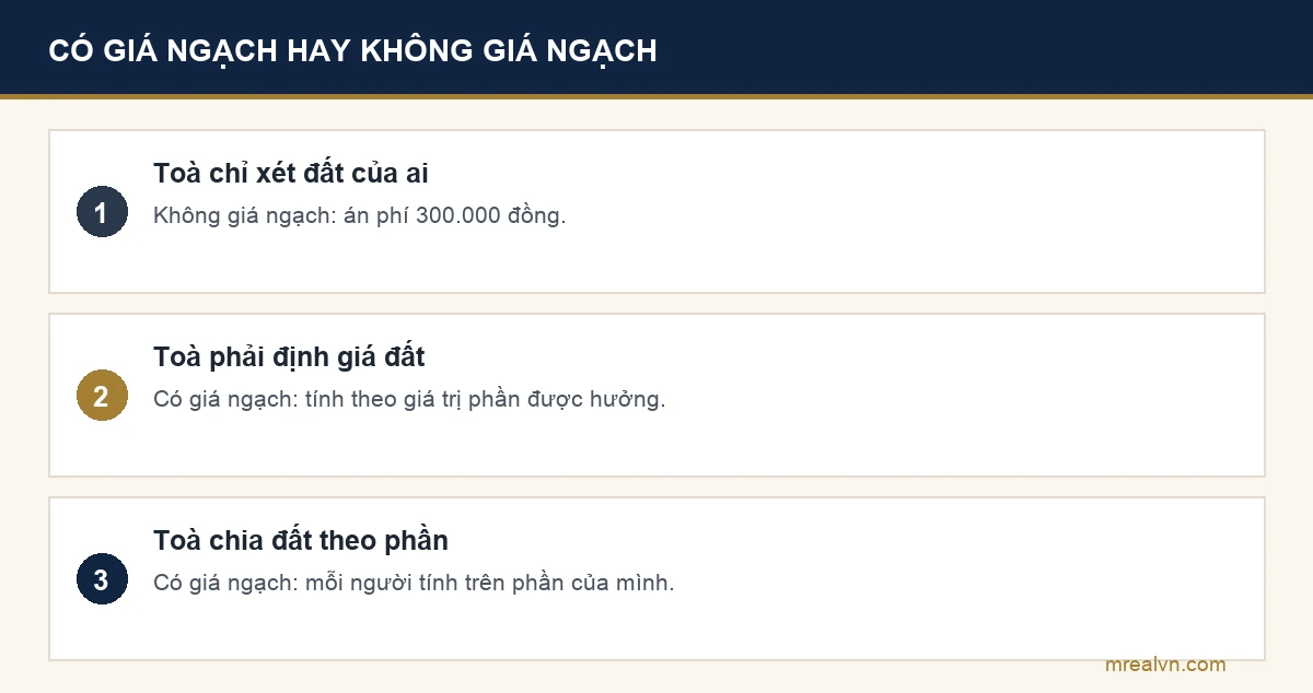 Bảng phân biệt vụ tranh chấp đất đai có giá ngạch và không giá ngạch theo khoản 2 Điều 27 Nghị quyết 326/2016/UBTVQH14: toà chỉ xét đất của ai thì án phí 300.000 đồng, toà phải định giá hoặc chia phần thì tính theo giá trị phần được hưởng