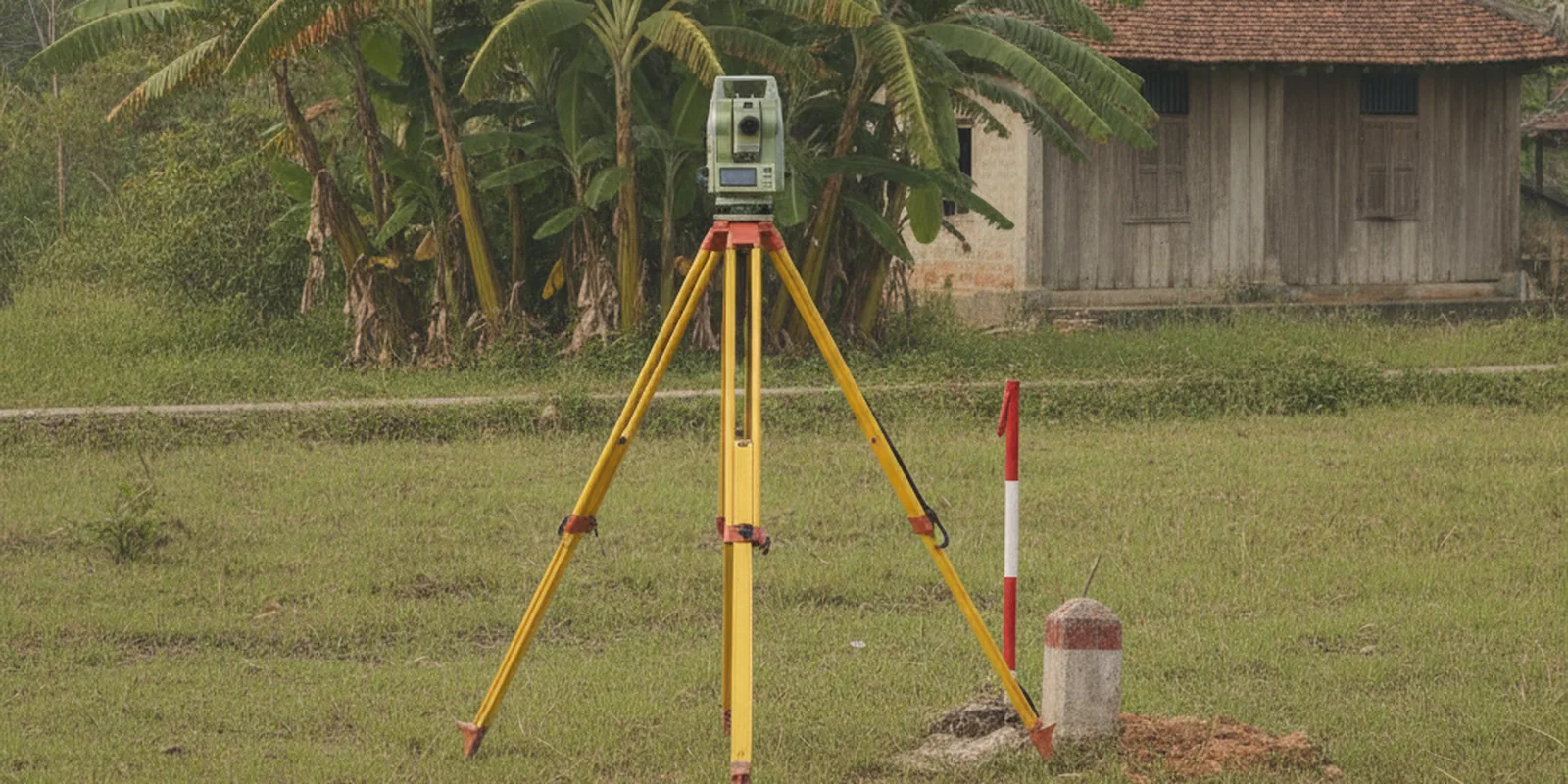 Ảnh máy đo đạc trên chân ba chân đặt giữa thửa đất có cọc mốc, minh họa chi phí xem xét thẩm định tại chỗ khi kiện tranh chấp đất
