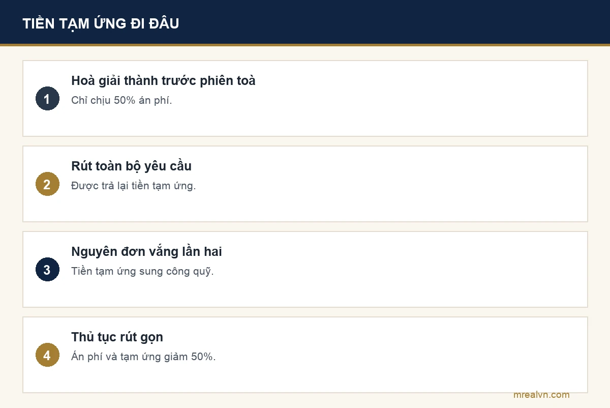 Bảng xử lý tiền tạm ứng án phí theo Điều 18 và Điều 26 Nghị quyết 326/2016/UBTVQH14: hoà giải thành trước phiên toà chịu 50% án phí, rút toàn bộ yêu cầu được trả lại tạm ứng, vắng mặt lần hai thì tạm ứng sung công quỹ, thủ tục rút gọn chịu 50%