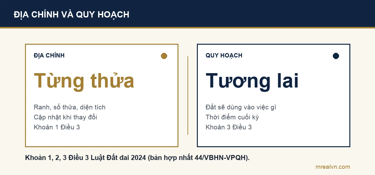 Sơ đồ so sánh bản đồ địa chính và bản đồ quy hoạch sử dụng đất theo khoản 1 và khoản 3 Điều 3 Luật Đất đai 2024: bản đồ địa chính thể hiện từng thửa đất với ranh, số thửa, diện tích và được cập nhật khi thay đổi; bản đồ quy hoạch thể hiện đất sẽ dùng vào việc gì ở cuối kỳ quy hoạch