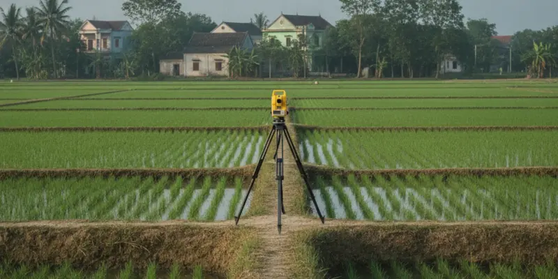 Ảnh bìa bài bản đồ địa chính: máy toàn đạc đo đạc đặt trên chân ba càng ở bờ ruộng, phía sau là các thửa đất nông nghiệp và nhà dân ở nông thôn Việt Nam