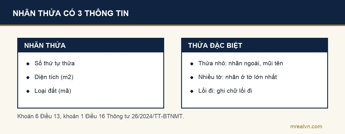 Sơ đồ hai cột về nhãn thửa trên bản đồ địa chính theo Thông tư 26/2024/TT-BTNMT: nhãn thửa gồm số thứ tự thửa, diện tích tính bằng mét vuông và mã loại đất; thửa nhỏ đặt nhãn bên ngoài kèm mũi tên, thửa nằm trên nhiều tờ đặt nhãn ở tờ chiếm diện tích lớn nhất, lối đi thể hiện như thửa đất có ghi chú lối đi