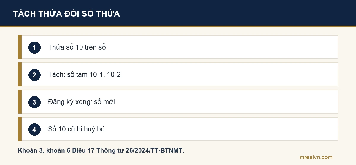 Sơ đồ bốn bước khi tách thửa theo Điều 17 Thông tư 26/2024/TT-BTNMT: thửa số 10 trên sổ, khi tách có số tạm 10-1 và 10-2, đăng ký xong được số thửa chính thức đánh tiếp theo số lớn nhất trong tờ, số thửa 10 cũ bị hủy bỏ