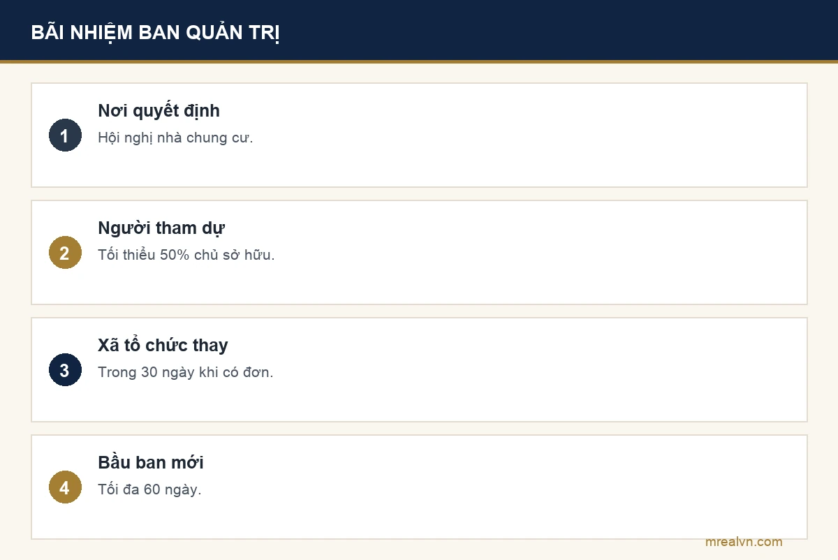 Bảng điều kiện bãi nhiệm ban quản trị chung cư: họp hội nghị bất thường, tối thiểu 50% đại diện chủ sở hữu tham dự, ủy ban xã tổ chức trong 30 ngày khi có đơn, bầu ban mới tối đa 60 ngày
