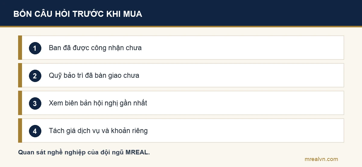 Bốn câu hỏi người mua căn hộ chung cư nên đặt về ban quản trị: ban đã được công nhận chưa, quỹ bảo trì đã bàn giao chưa, biên bản hội nghị gần nhất, giá dịch vụ và các khoản riêng
