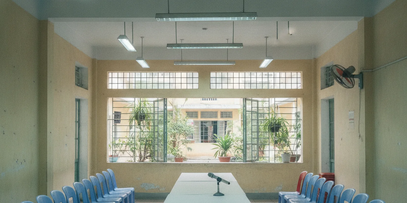 Ảnh phòng sinh hoạt cộng đồng của tòa chung cư với dãy ghế xếp hàng và bàn chủ tọa, nơi tổ chức hội nghị nhà chung cư bầu ban quản trị