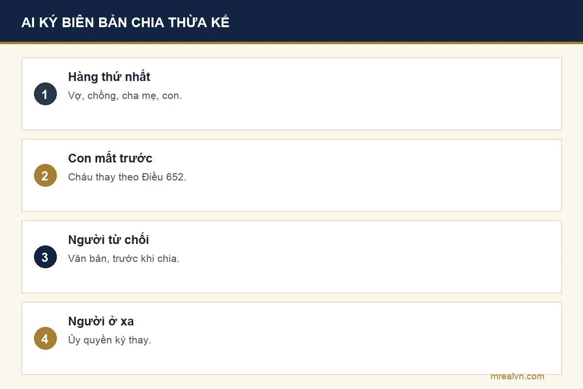 Bảng bốn dòng: hàng thừa kế thứ nhất gồm vợ chồng, cha mẹ, con; con mất trước thì cháu thay; người từ chối phải có văn bản trước khi chia; người ở xa ủy quyền ký thay