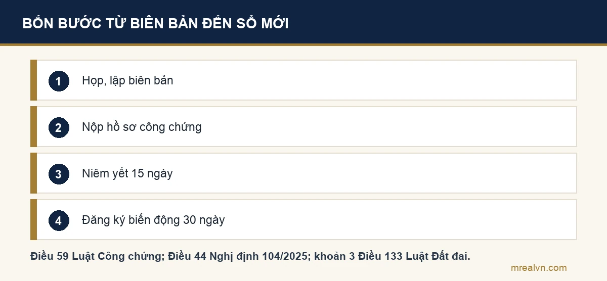 Sơ đồ bốn bước: họp và lập biên bản đủ chữ ký, nộp hồ sơ công chứng văn bản phân chia di sản, niêm yết 15 ngày tại Ủy ban nhân dân cấp xã, đăng ký biến động trong 30 ngày