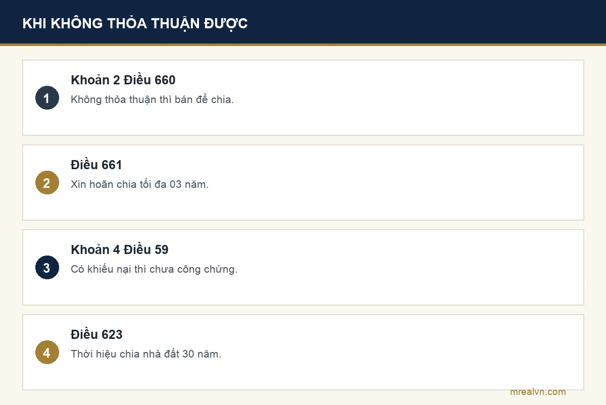 Bảng bốn dòng: không chia đều hiện vật được và không thỏa thuận được thì bán để chia, bên vợ chồng còn sống có thể xin hoãn chia tối đa 3 năm, công chứng chỉ khi không có khiếu nại, thời hiệu 30 năm