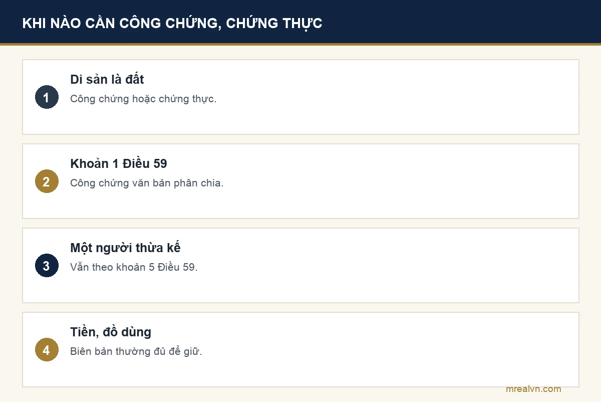 Bảng bốn dòng: di sản là đất thì văn bản về thừa kế công chứng hoặc chứng thực, người thừa kế yêu cầu công chứng văn bản phân chia di sản, chỉ một người thừa kế cũng áp dụng, di sản không phải đất thì tự giữ biên bản