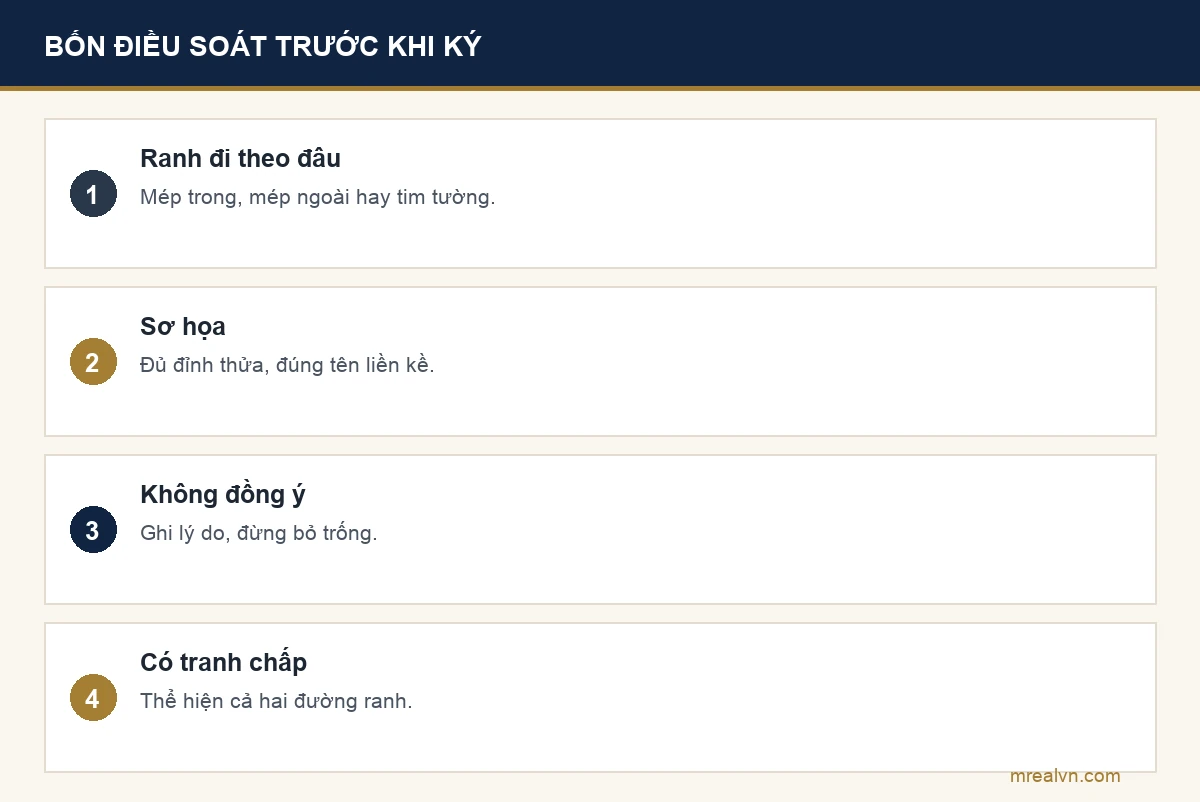 Bảng bốn dòng: đọc dòng ranh giới đi theo mép trong, mép ngoài hay tim tường; đối chiếu sơ họa với thực địa; không đồng ý thì ghi lý do; có tranh chấp thì bản mô tả thể hiện cả hai đường ranh giới